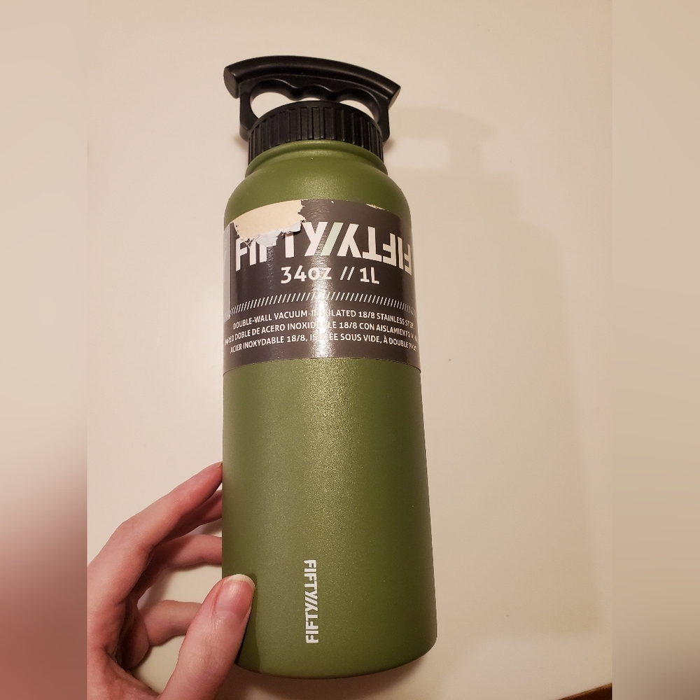 NWT FITFIFTY Olive Green wide Mouth 34oz Insulated Water Bottle W/ 3 Finger Lid